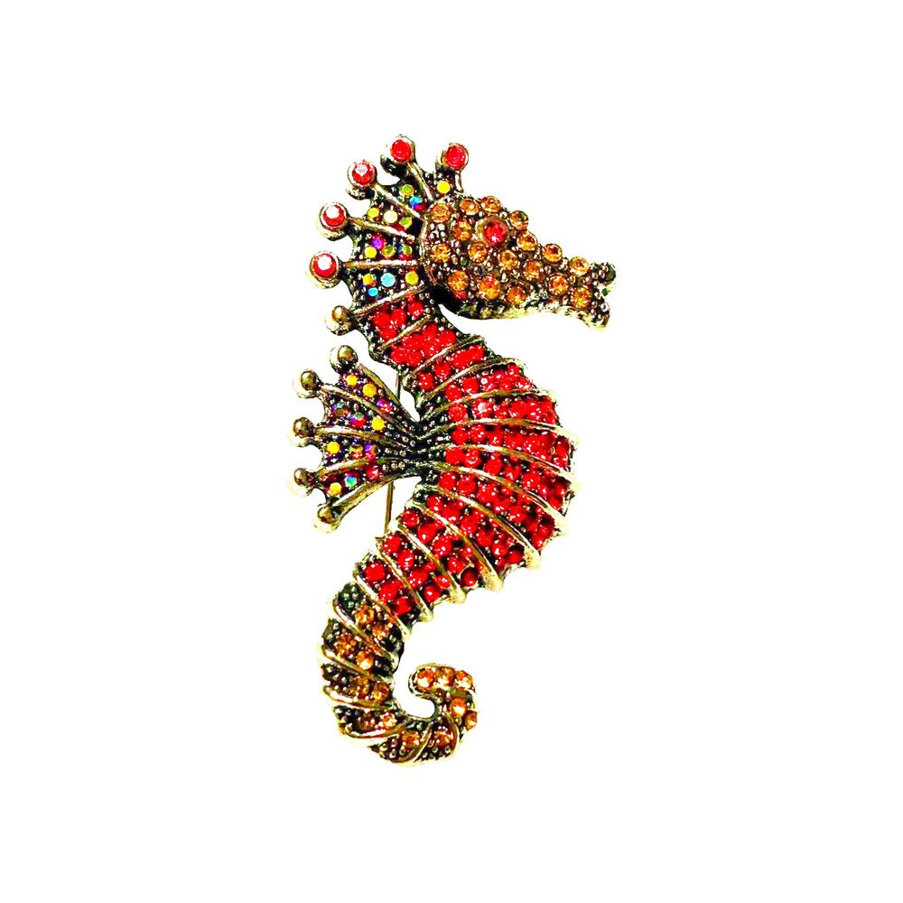 Red Rhinestone Seahorse Brooch Black Gunmetal Tone Crystal Ocean Nautical Pin